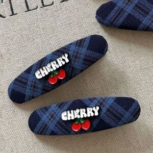Blue Plaid Hair Clips with Cherry Accent